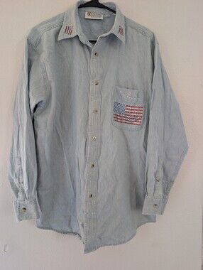Christine Alexander Light Blue Denim Button-Down Shirt with USA Rhinestone Flag